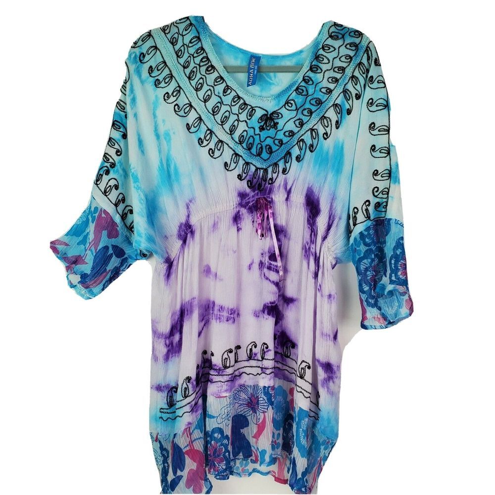 Aqua Blue Boho‎ Tie-Dye Mini Dress Women's OS Ruffle Hem GUC